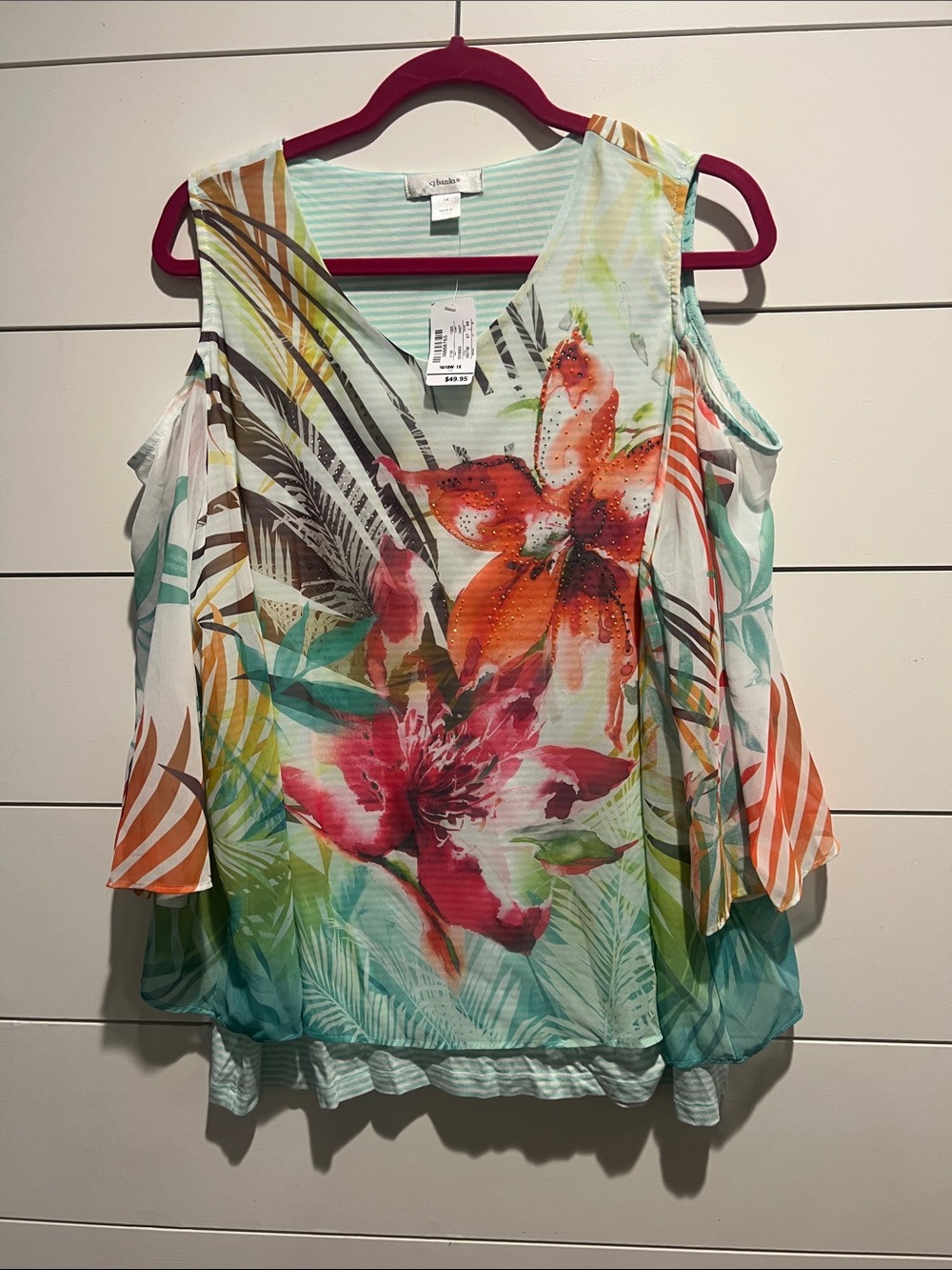 CJ Banks Tropical Floral Cold-Shoulder Blouse in Teal, Orange and Pink